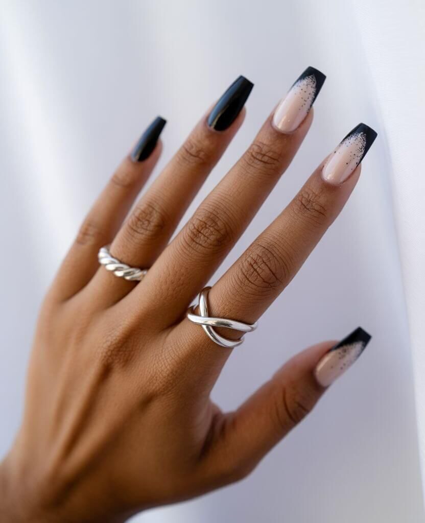 Black French Tip with Silver Glitter Fade Black French Tip with Silver Glitter Fade — Winter Coffin Nails 2027