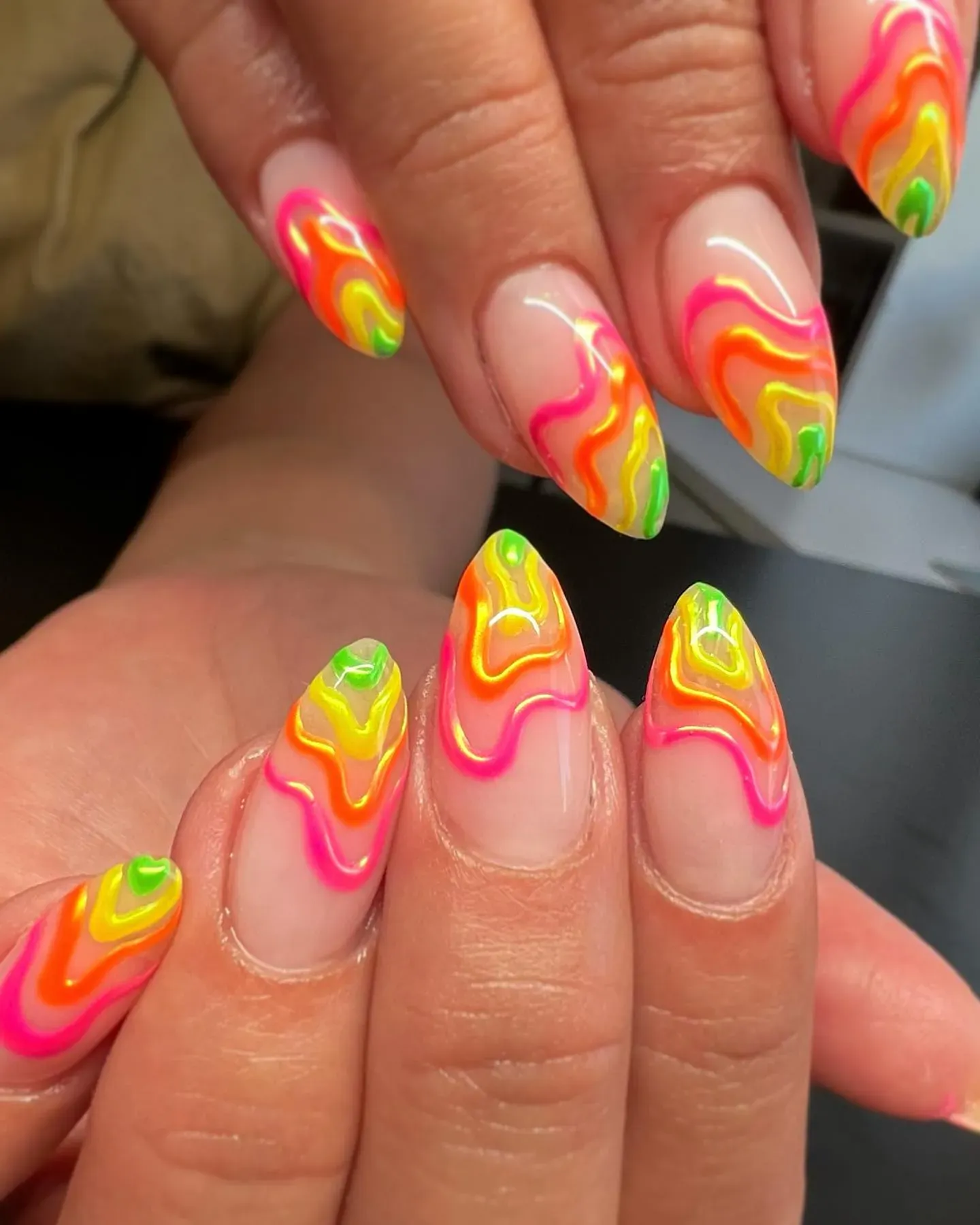 Neon Wavy Lines on Sheer Base Neon Wavy Lines on Sheer Base — Pink Rave Nails 2027