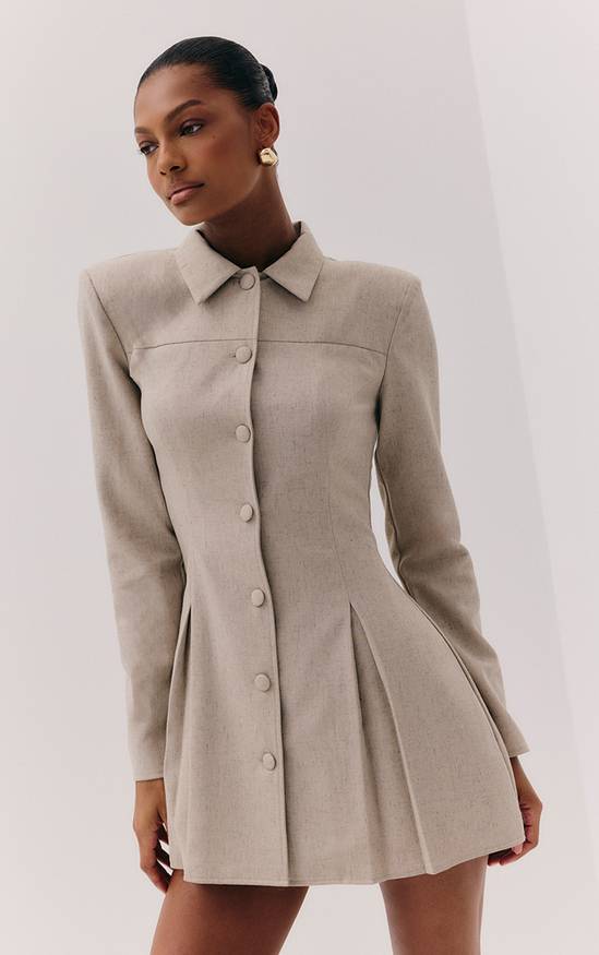 Neutral Beige Button-Up Dress with Flared Pleated Skirt Neutral Beige Button-Up Dress with Flared Pleated Skirt — Button Up Dress 2027