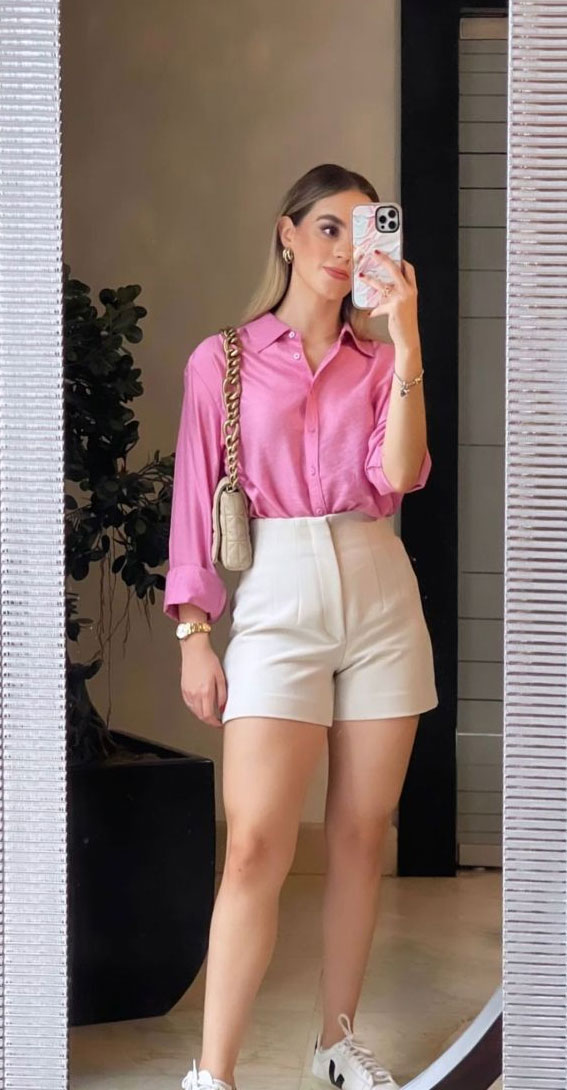 Cream High-Waisted Shorts with Oversized Pink Satin Shirt Cream High-Waisted Shorts with Oversized Pink Satin Shirt — Summer Outfits 2027 with Shorts