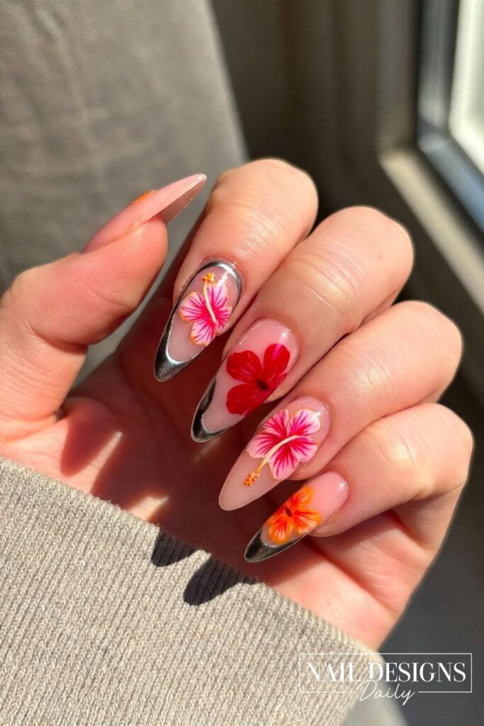 Glossy With Chrome Visual Idea Glossy With Chrome Visual Idea — Hibiscus Flower Nails 2027