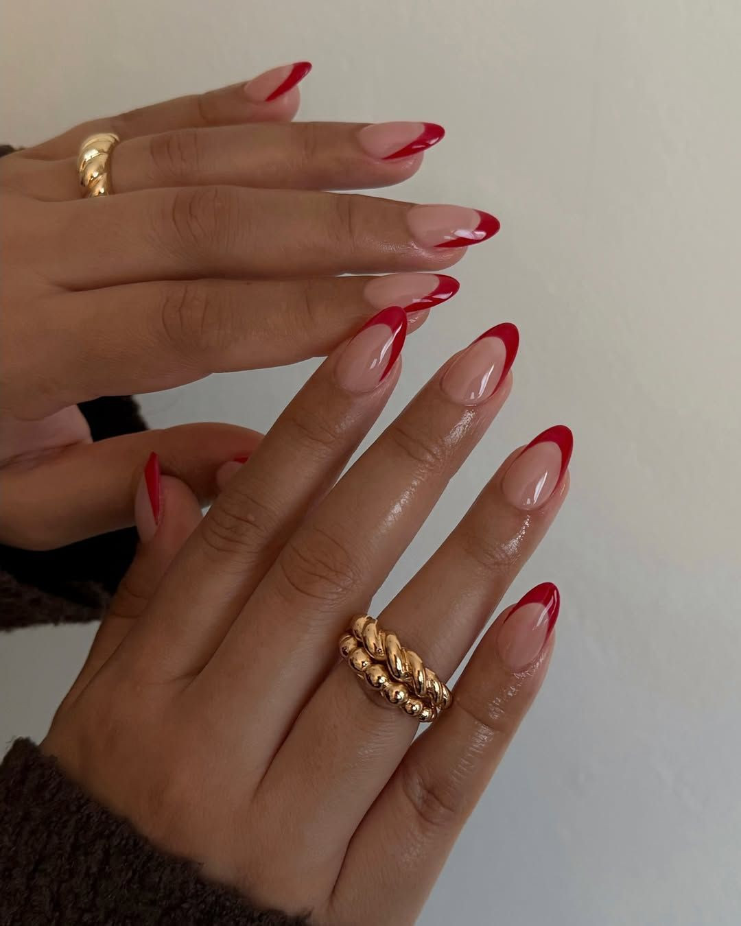 Glossy Deep Red French Medium Almonds — Red French Tip Nails 2027