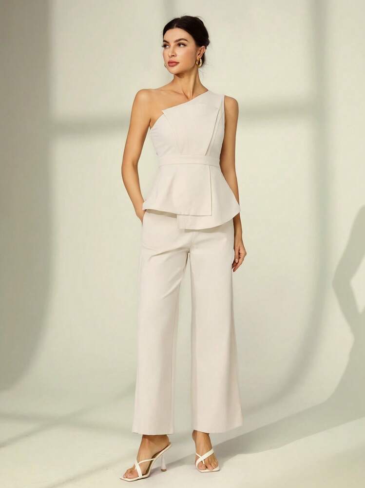 Monochromatic Off-White Peplum Top and Wide-Leg Trousers — Tall Women Outfits 2027