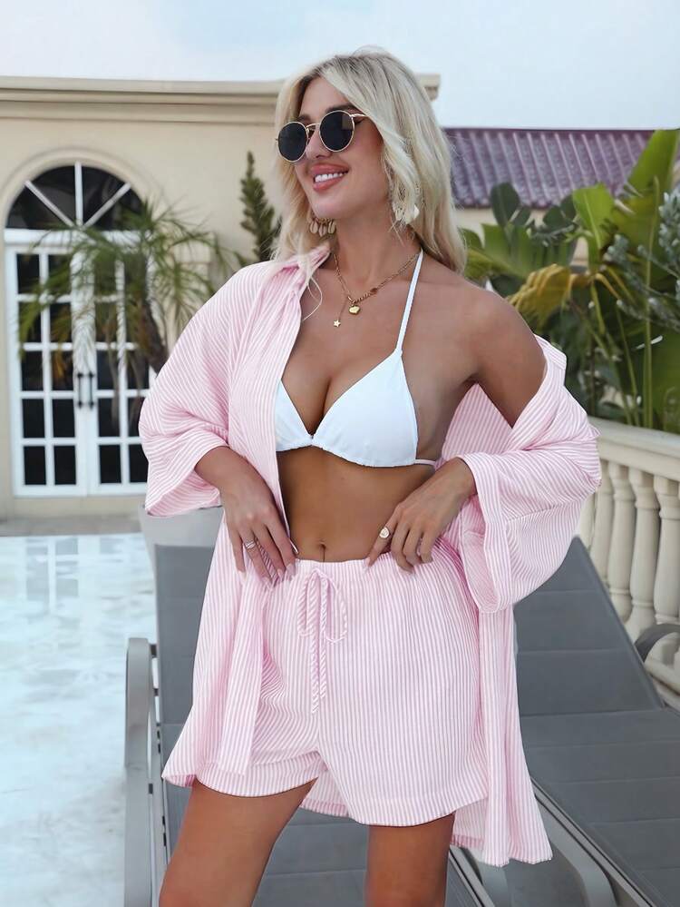 Striped Open Shirt and Shorts Set with Bikini Top — Spring Break Beach Outfits 2027