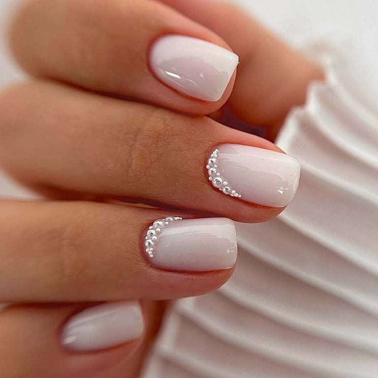 Milky White Square Nails with Rhinestone Cuticles Milky White Square Nails with Rhinestone Cuticles — Short Press On Nails 2027