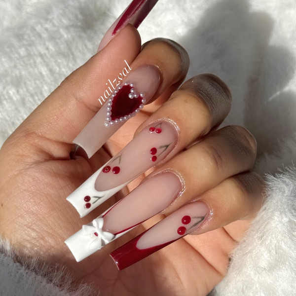 Sheer Pink Heart Swirl French Tip Coffin Nails Sheer Pink Heart Swirl French Tip Coffin Nails — Valentines Coffin Nails 2027