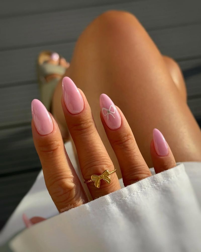 Light Pink Almond with White Bow Accent — Pink Bow Nails 2027