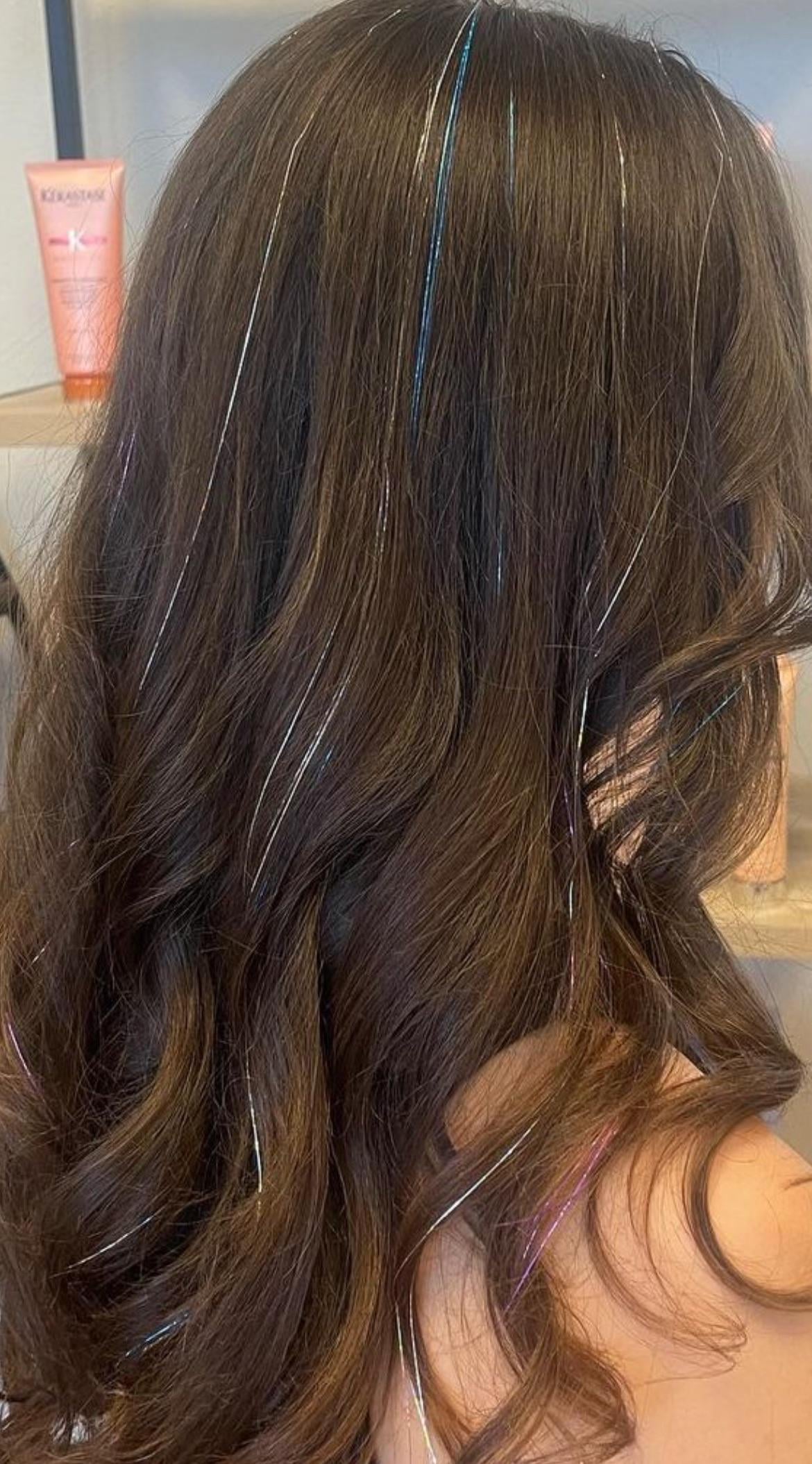 Layers Shoulder Length Dark Brown With Silver and Blue Tinsel — Hair Tinsel 2027