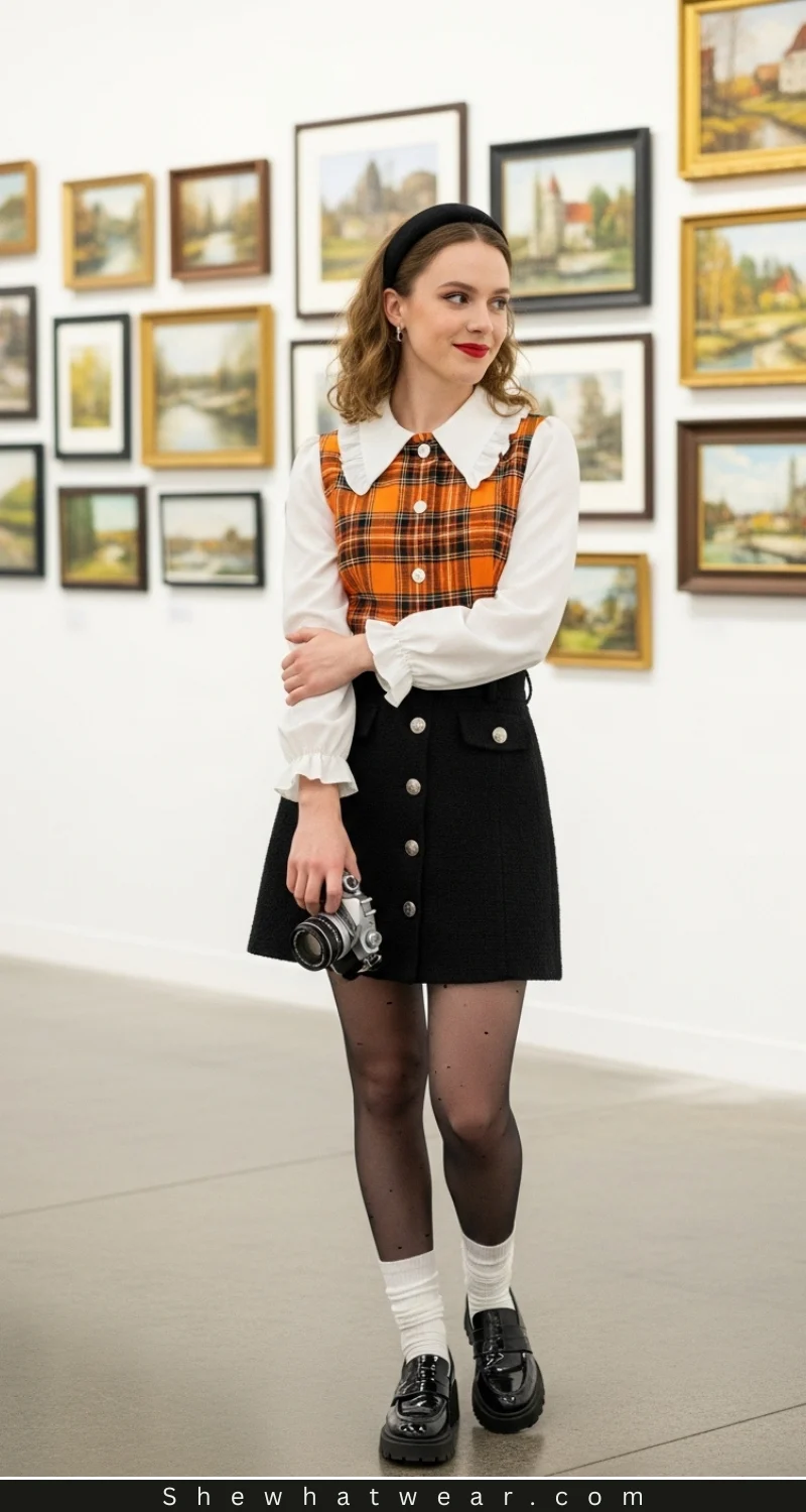 Plaid Vest and A-Line Skirt for a Playful Museum Ensemble Plaid Vest and A-Line Skirt for a Playful Museum Ensemble — Museum Outfits 2027