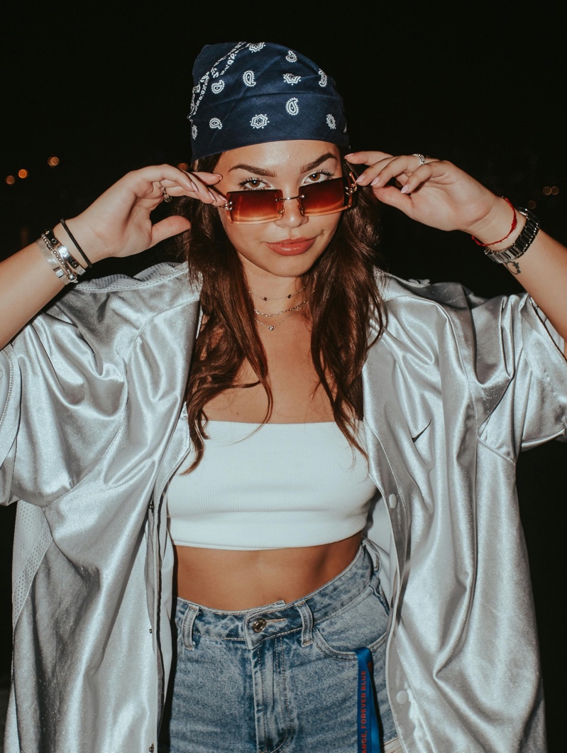 Silver Satin Bomber Jacket with Bandana — Y2K Outfits 2027