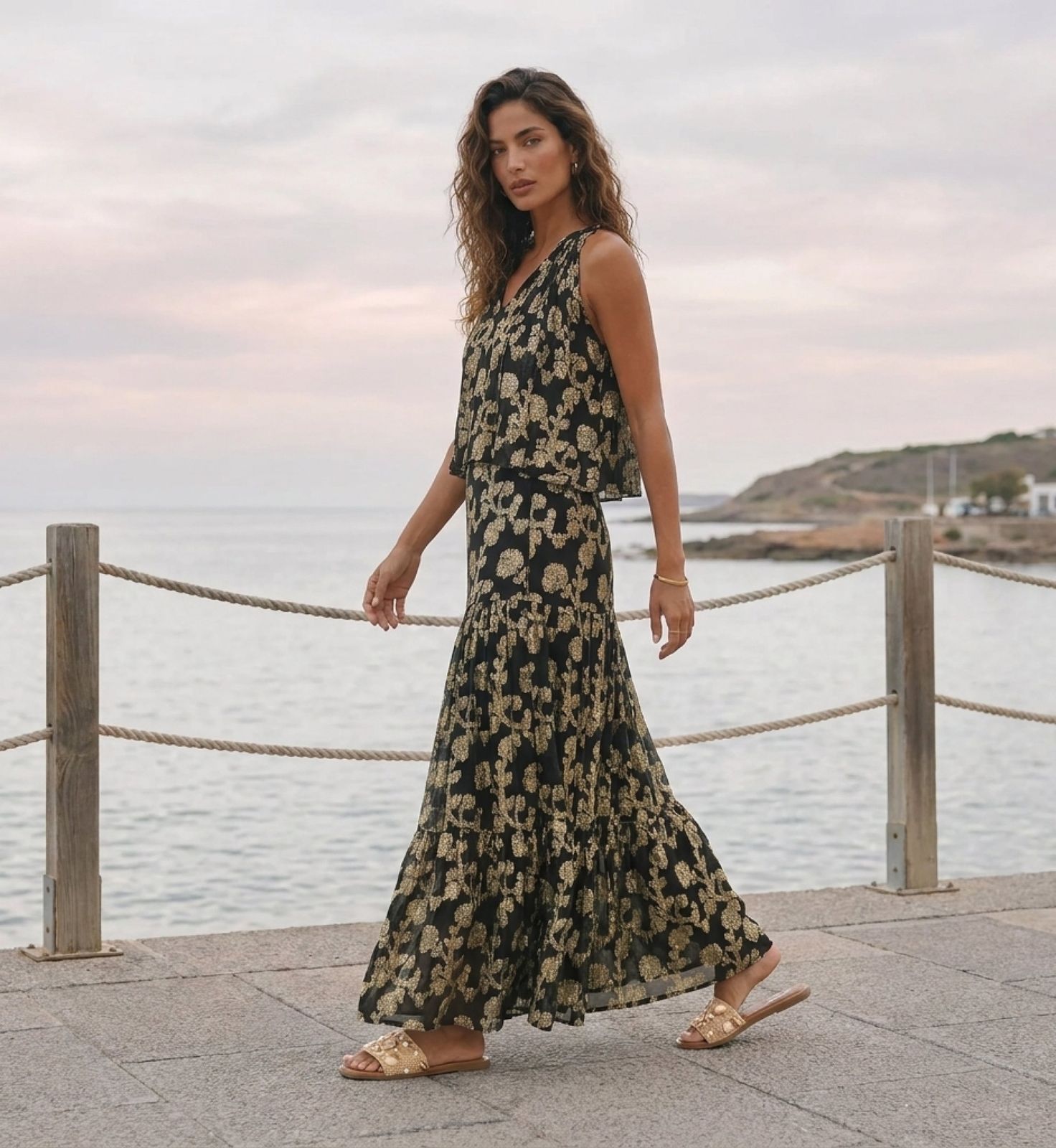 Black Metallic Print Tiered Top and Maxi Skirt for Summer Evenings Black Metallic Print Tiered Top and Maxi Skirt for Summer Evenings — Summer Two Piece Set Outfits 2027