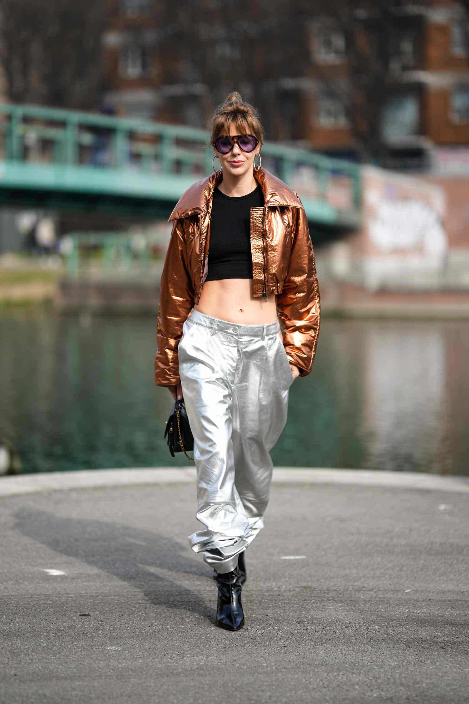 Metallic Puffer Jacket and Baggy Trousers — Silver Outfits 2027