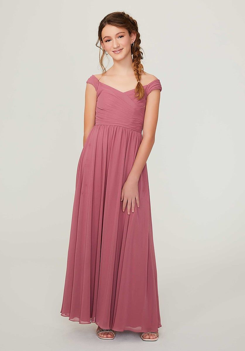 Dusty Rose Off-the-Shoulder Chiffon with Flowing Skirt Dusty Rose Off-the-Shoulder Chiffon with Flowing Skirt — Junior Bridesmaid Dress 2027