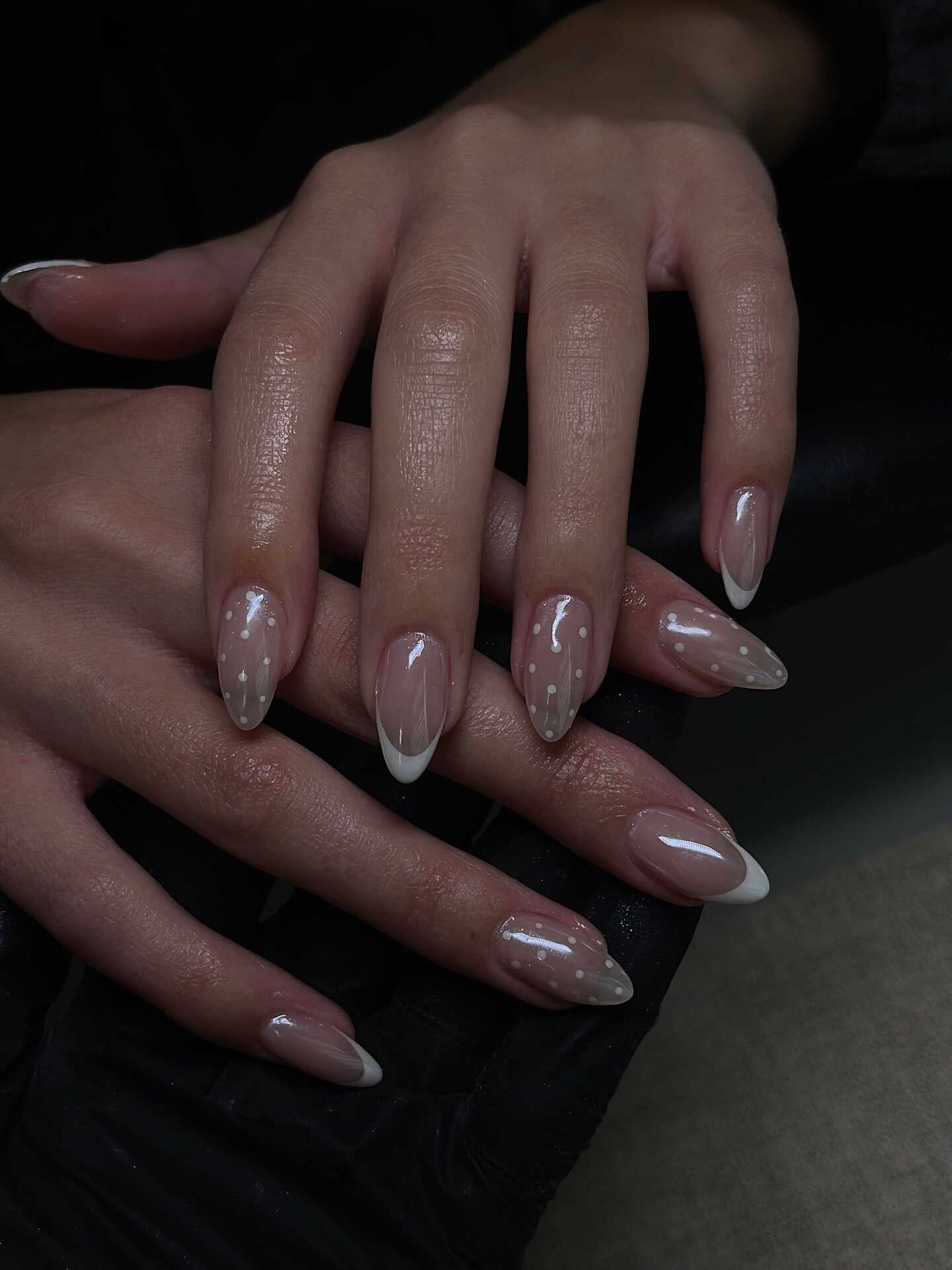 Medium Almond Sheer Nude with Subtle White Dots Medium Almond Sheer Nude with Subtle White Dots — Polka Dot Nails 2027
