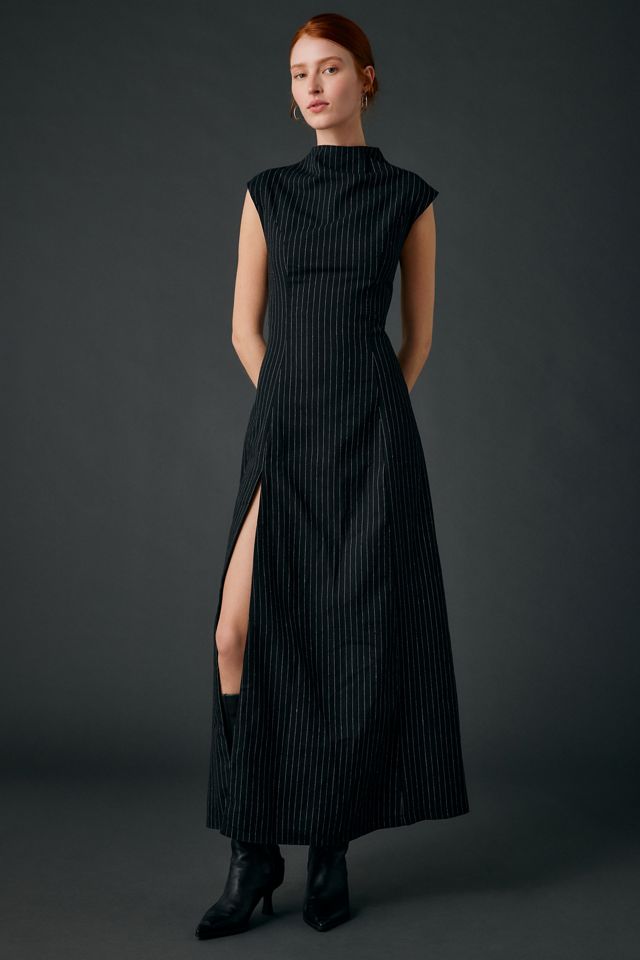Black Pinstripe Maxi Dress With Thigh-High Slit Black Pinstripe Maxi Dress With Thigh-High Slit — Pinstripe Outfits 2027