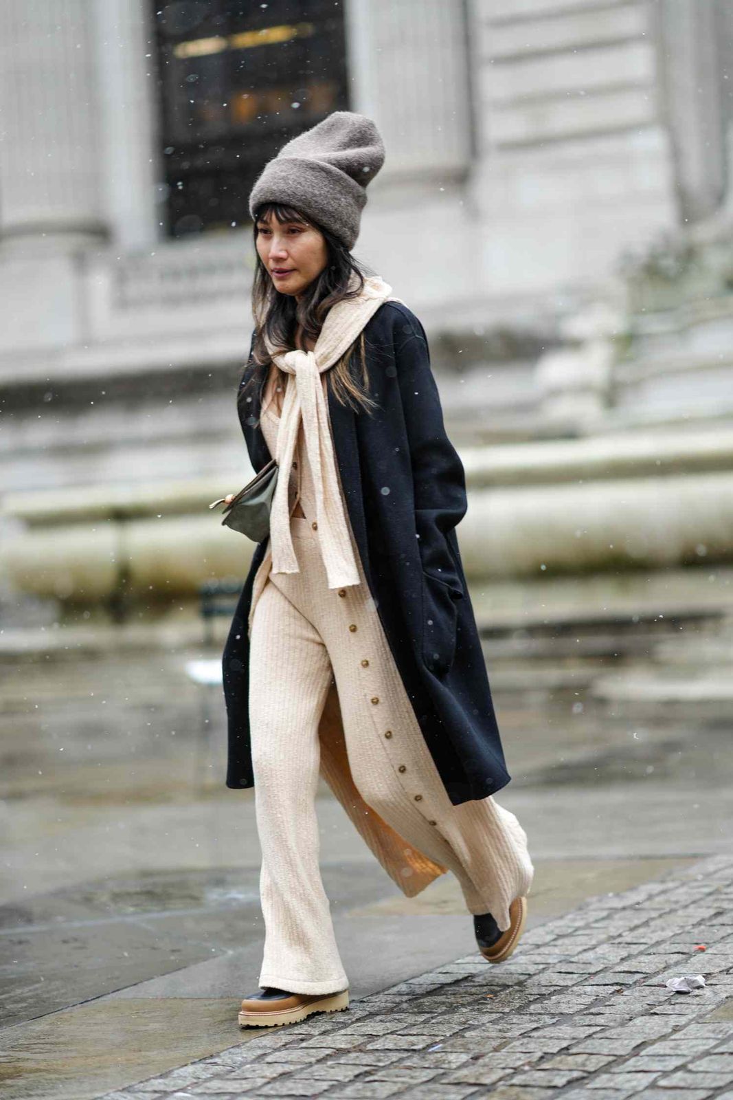 Monochromatic Knit Set Under a Sleek Black Coat Monochromatic Knit Set Under a Sleek Black Coat — Winter Outfits Warm Climate 2027