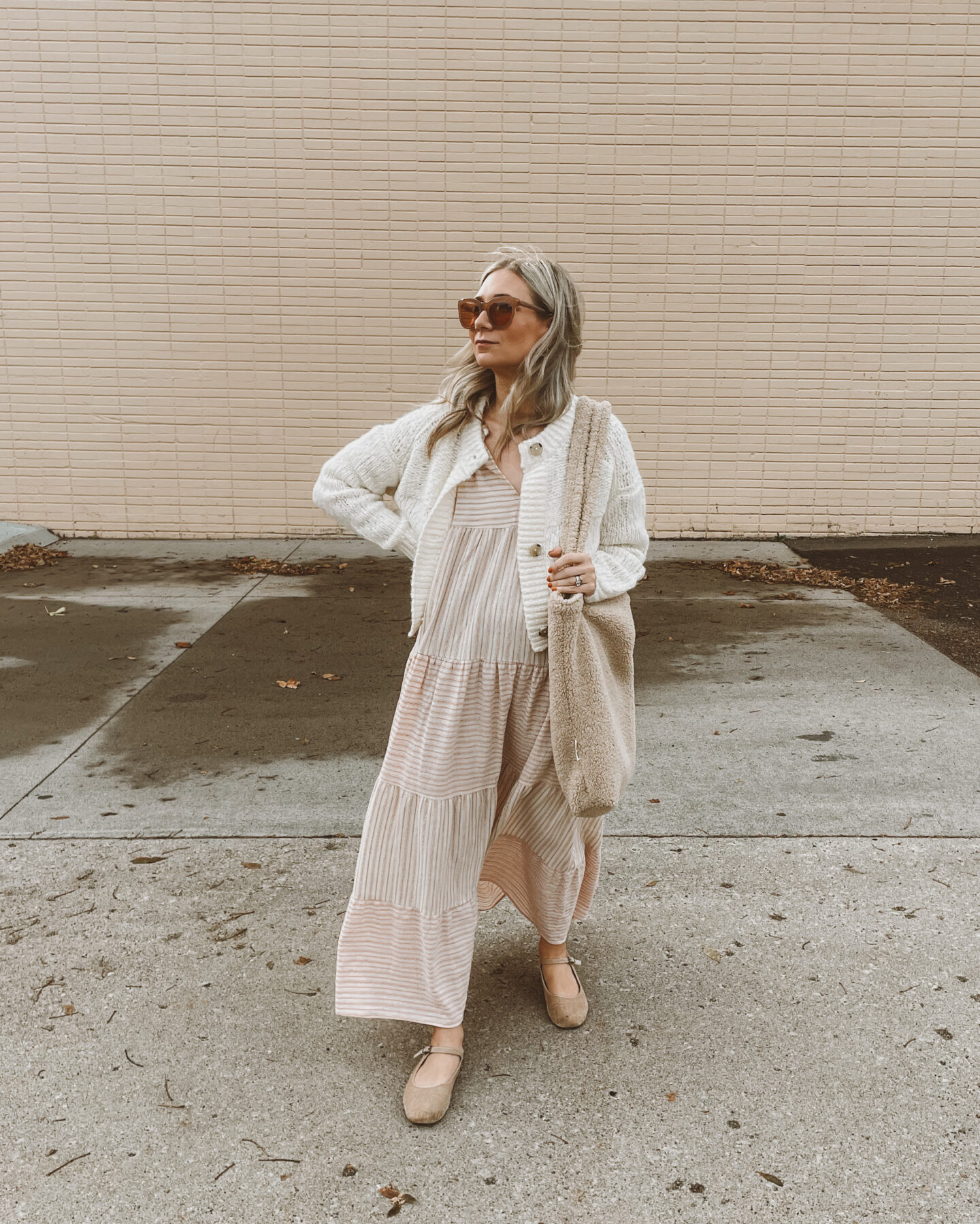 Cream Chunky Knit Cardigan with Striped Tiered Dress Cream Chunky Knit Cardigan with Striped Tiered Dress — Fall Cardigan Outfits 2026