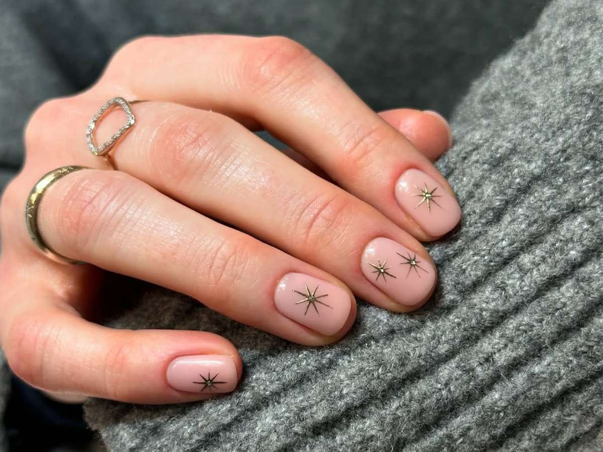 Pale Pink with Gold Starburst Decals Pale Pink with Gold Starburst Decals — Classy Nails 2027 for Mature Hands