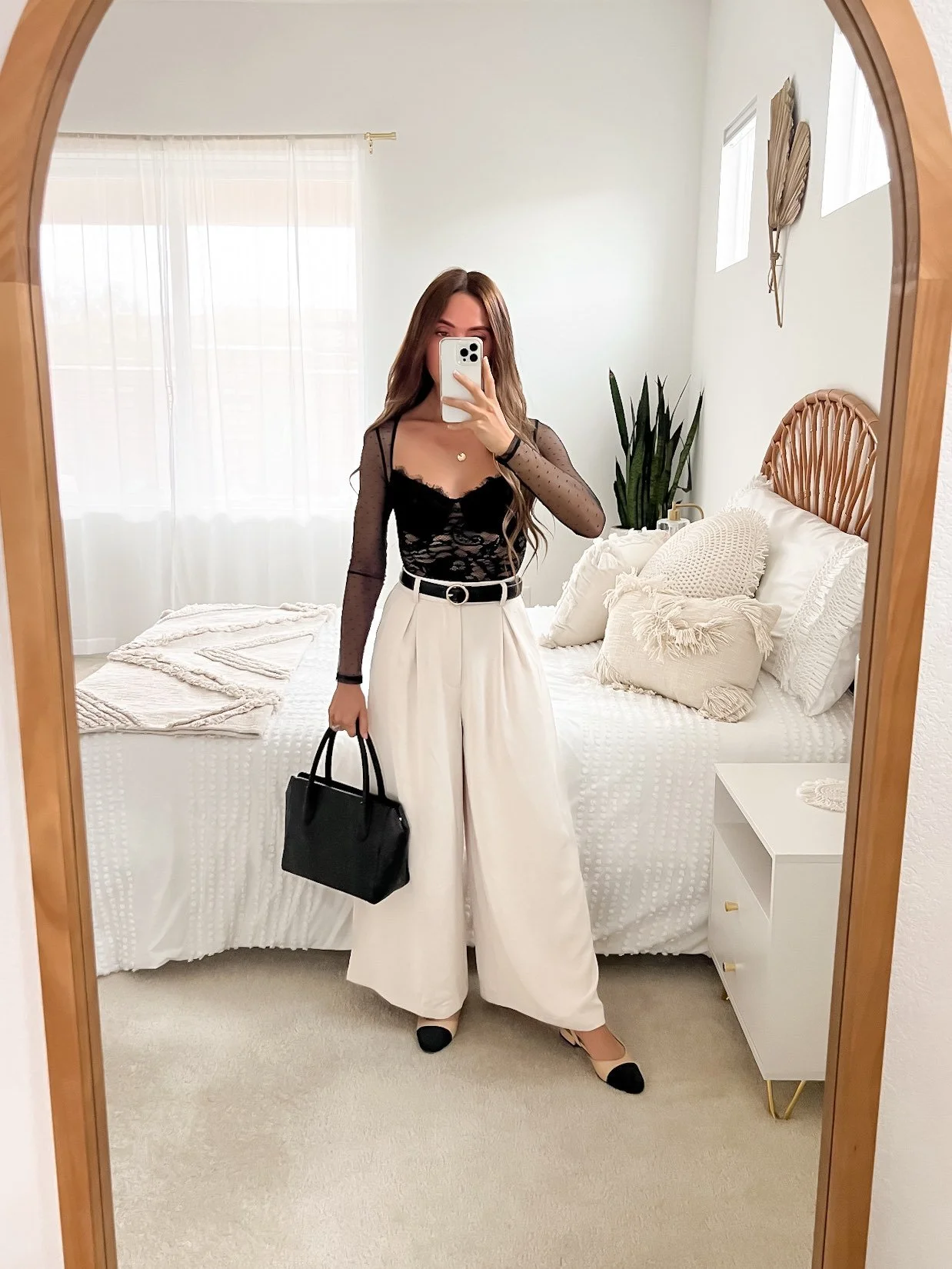 Elegant Black Lace Bodysuit with Cream Wide-Leg Pants Elegant Black Lace Bodysuit with Cream Wide-Leg Pants — Galentines Outfits 2027