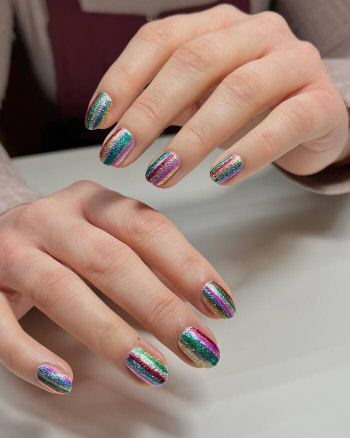 Vibrant Multi-Colored Glitter Stripes Vibrant Multi-Colored Glitter Stripes — Short New Years Nails 2027