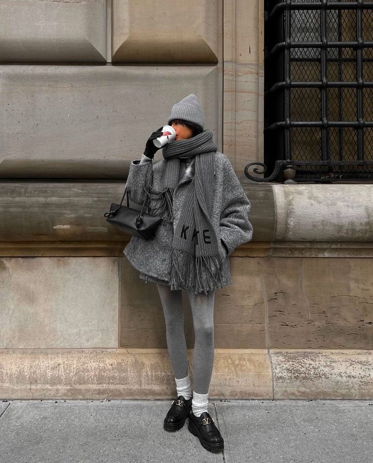 Textured Grey Coat with Oversized Scarf and Beanie Textured Grey Coat with Oversized Scarf and Beanie — Winter Grey Outfits 2027