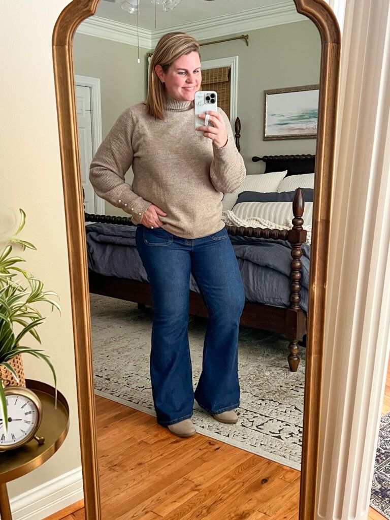 Beige Ribbed Turtleneck with Pearl Buttons and Flared Jeans — Turtleneck Outfits 2027