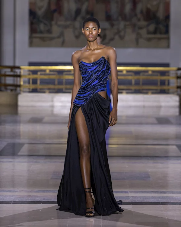Modern Siren: Embellished Strapless Gown with High Slit — Designer Outfits 2027