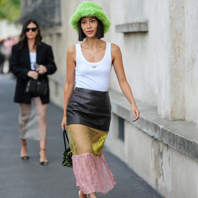 Fashion-Forward Layers: White Tank Under Black Blazer with Mixed-Media Skirt — Tank Top Outfits 2027