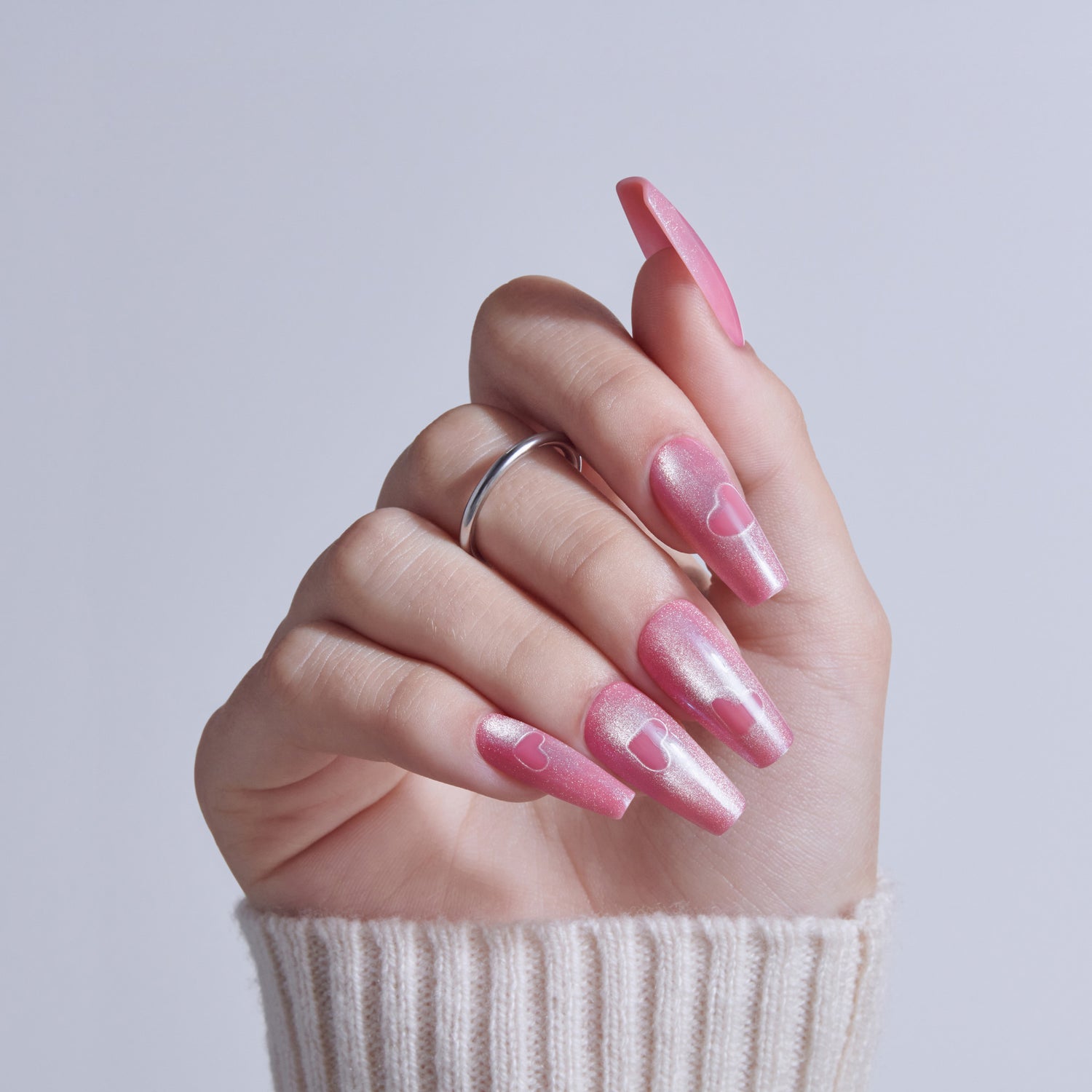 Shimmering Pink with Embossed Hearts — Long Coffin Nails 2027