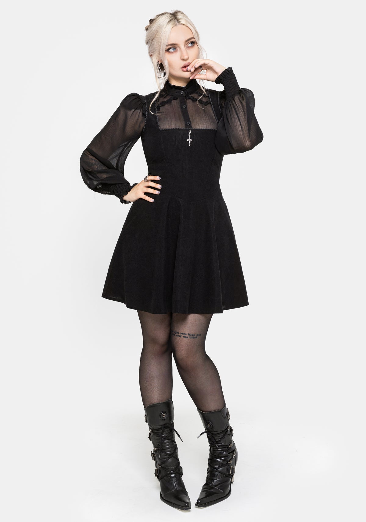 Black Mini Dress with Sheer Puff Sleeves and Combat Boots Black Mini Dress with Sheer Puff Sleeves and Combat Boots — Dark Romantic Outfits 2027