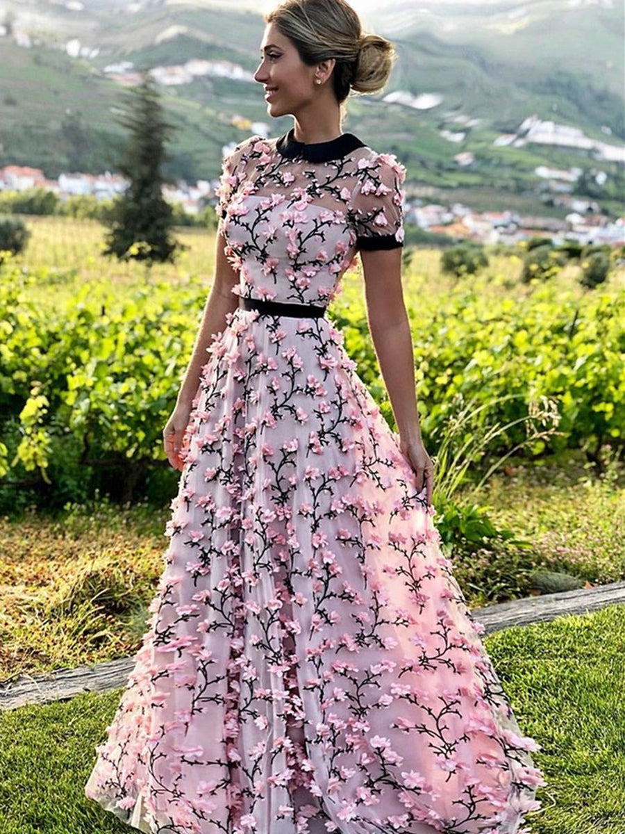 Pink Tulle A-Line Gown with 3D Floral Branches and Black Accents — 3D Floral Outfits 2027