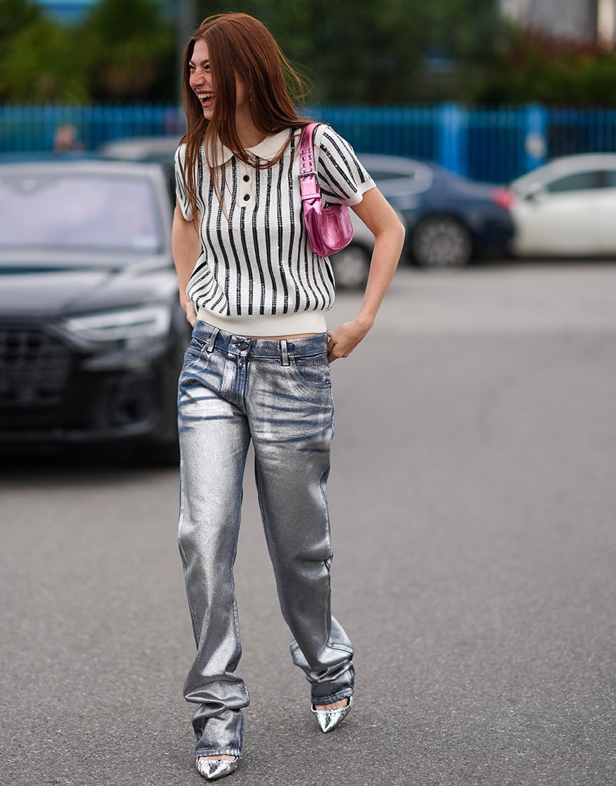Casual Metallic: Silver Wide-Leg Pants with Striped Sequin Top — Metallic Outfits 2027