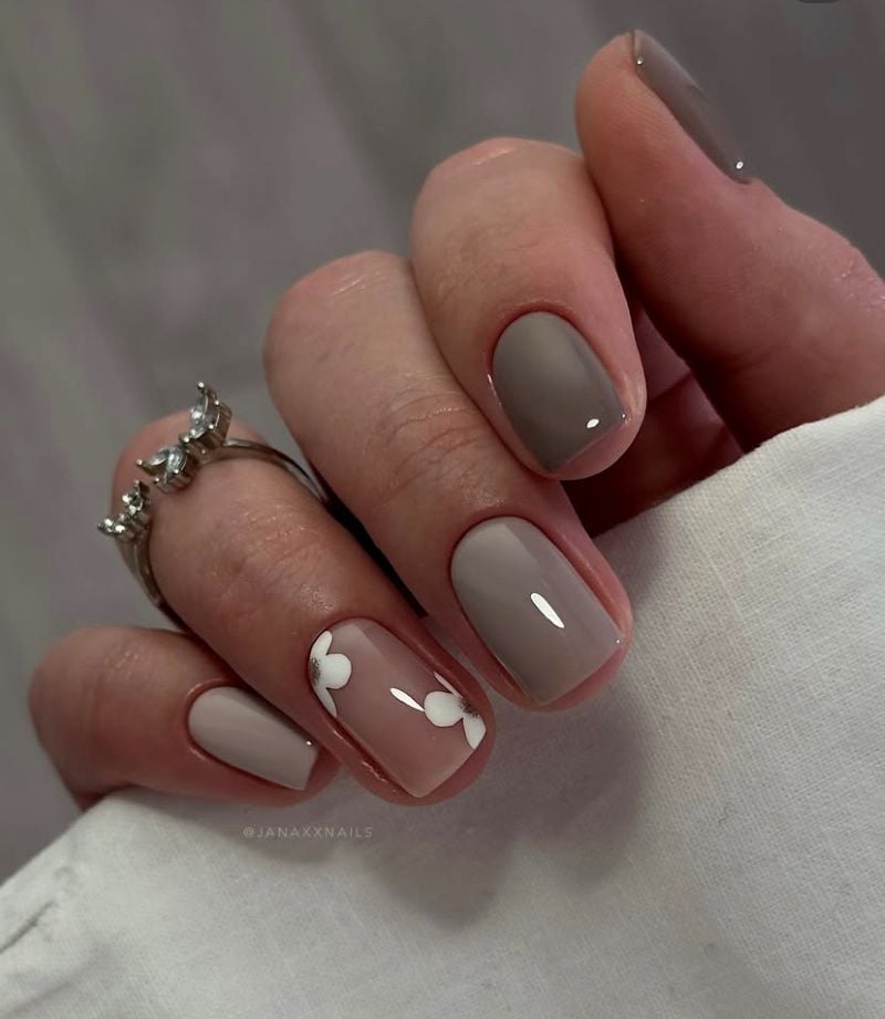 Taupe and Beige with White Floral Accents Taupe and Beige with White Floral Accents — Short Fall Nails 2026