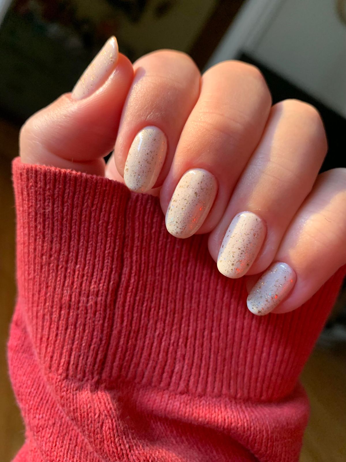 Milky White Gold Glitter Short Almond Nails Milky White Gold Glitter Short Almond Nails — Anniversary Nails 2027