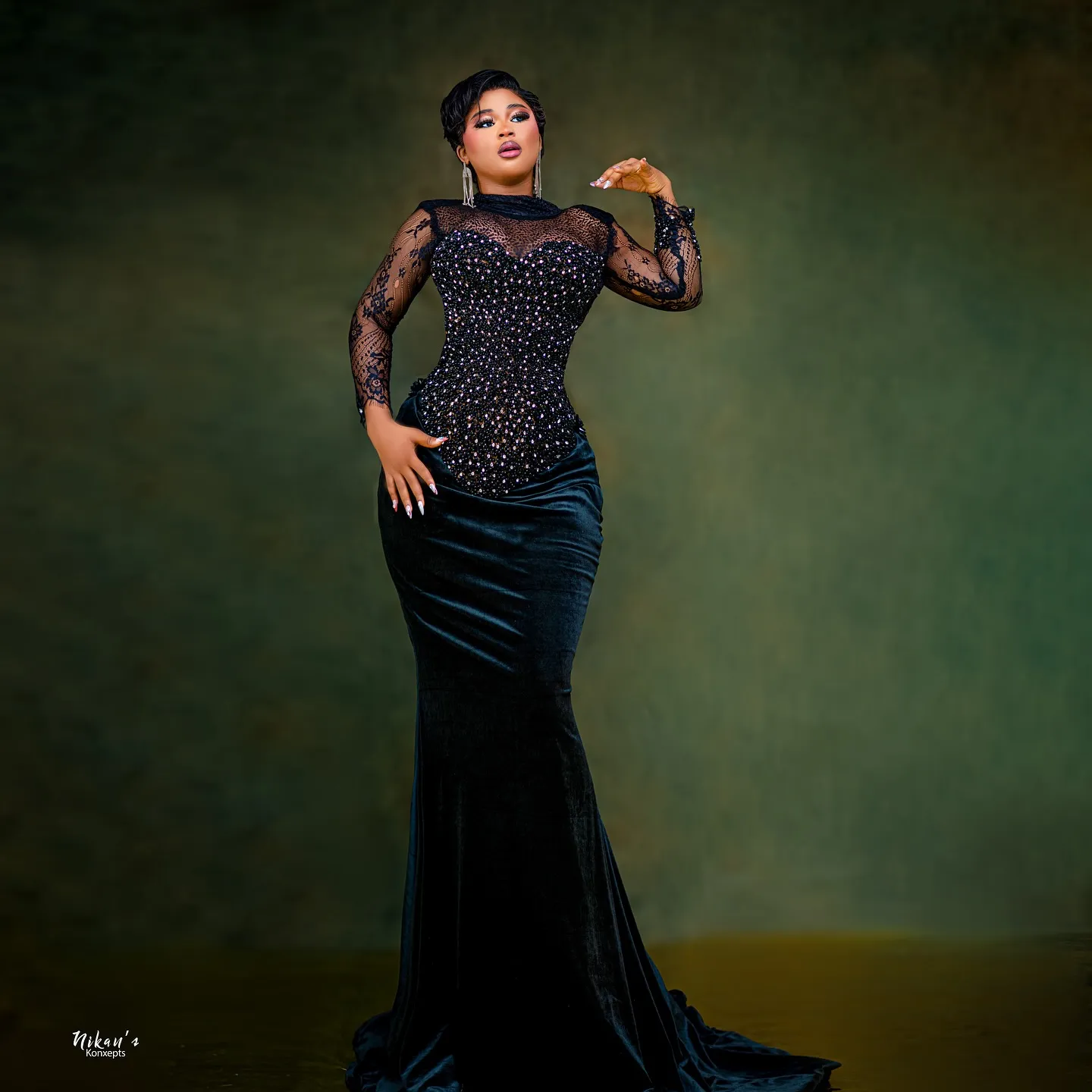 Velvet Maxi Dress with Embellished Bodice and Lace Sleeves Velvet Maxi Dress with Embellished Bodice and Lace Sleeves — Black Tie Dresses 2027
