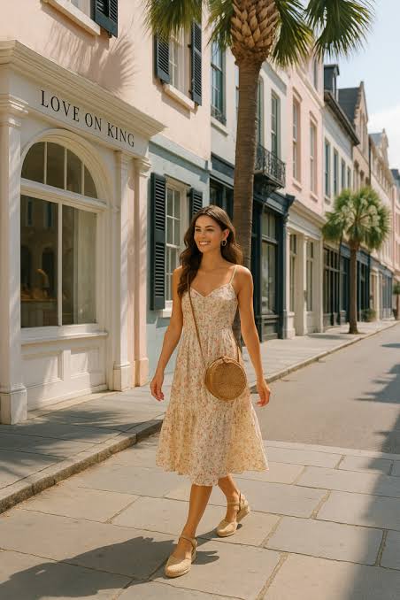 Floral Print Midi Dress with Round Straw Bag Floral Print Midi Dress with Round Straw Bag — Charleston Outfits 2027