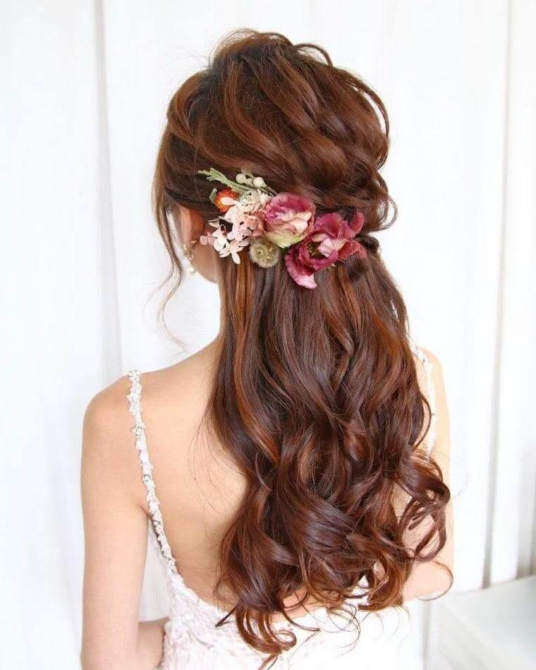 Mid-Back Half-Up Dark Brown Waves with Floral Accessory — Flower Crown Hairstyles 2027