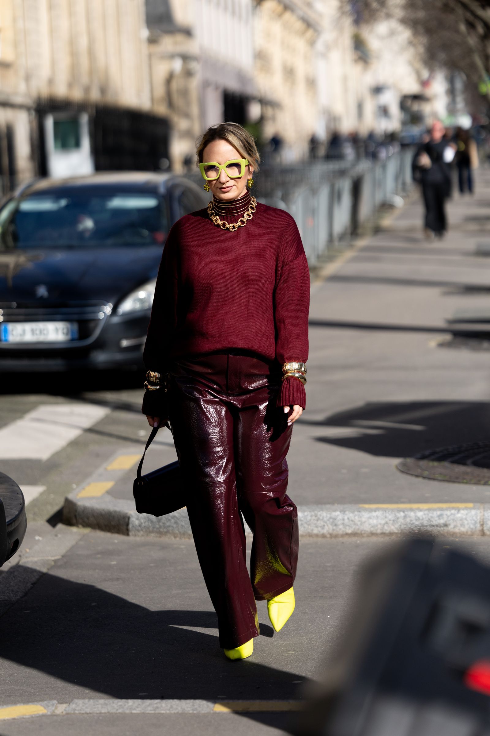 Chic Contrast: Black Leather Pants with Denim Bralette and Plaid Blazer Chic Contrast: Black Leather Pants with Denim Bralette and Plaid Blazer — Leather Pants Outfits 2027