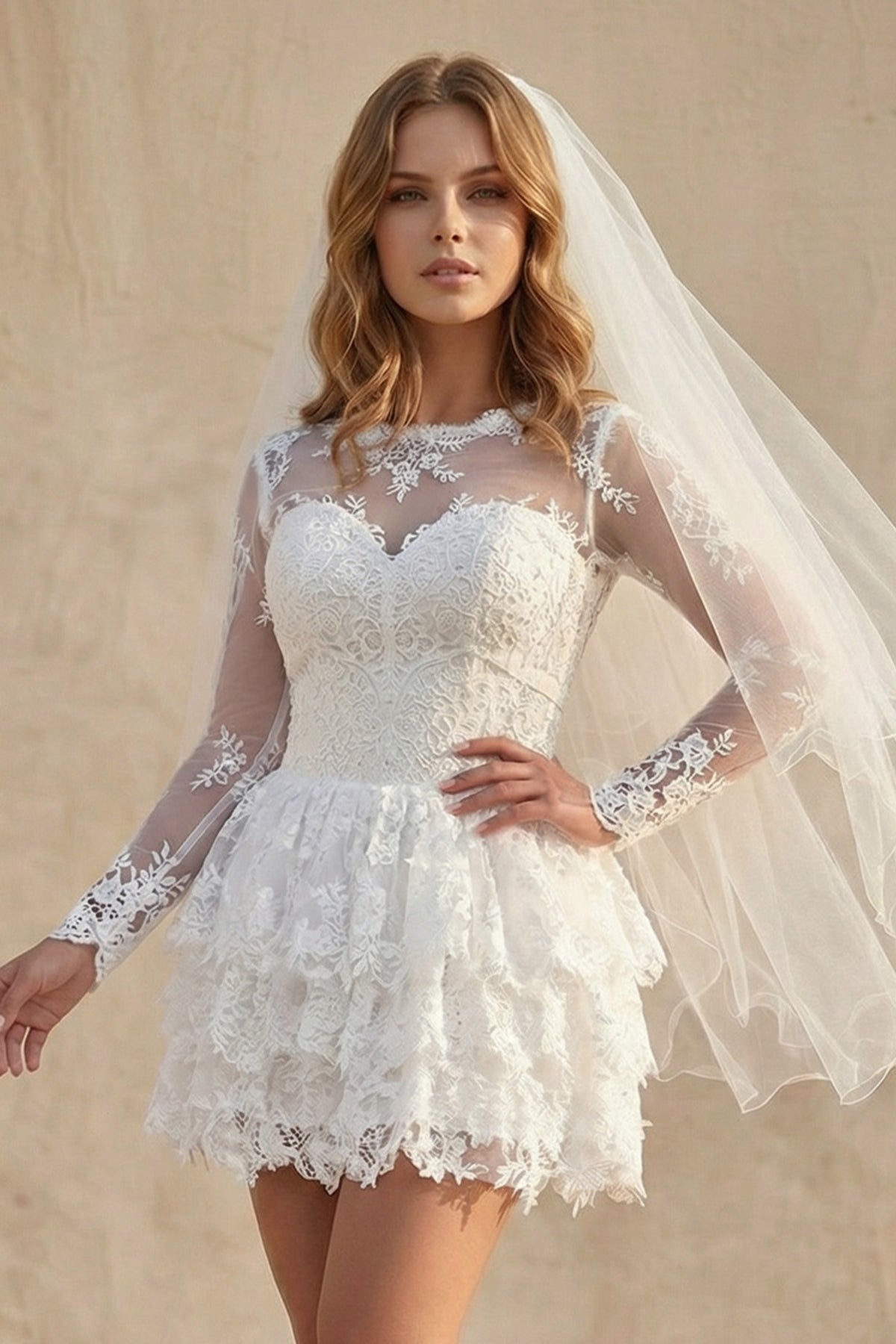 Romantic White Illusion Neck Mini Dress with Tiered Lace — Bridal Shower Dresses 2027