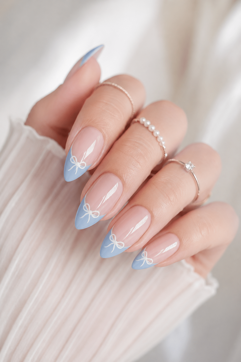 Light Blue French Tips with White Bows Light Blue French Tips with White Bows — Light Blue Quinceanera Nails 2027
