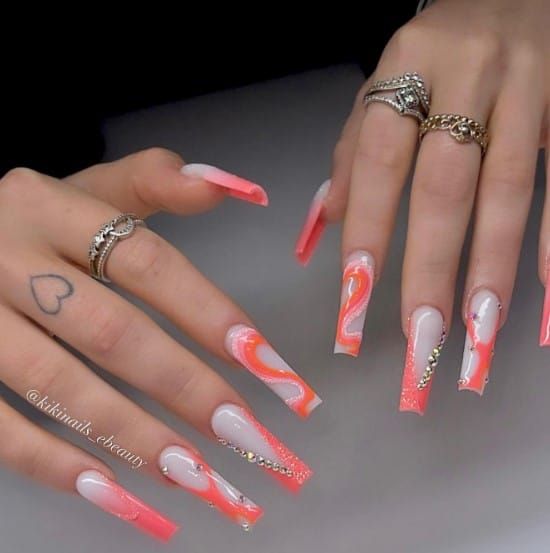 Coral with Gold Marbling and Glitter — Coral Coffin Nails 2027