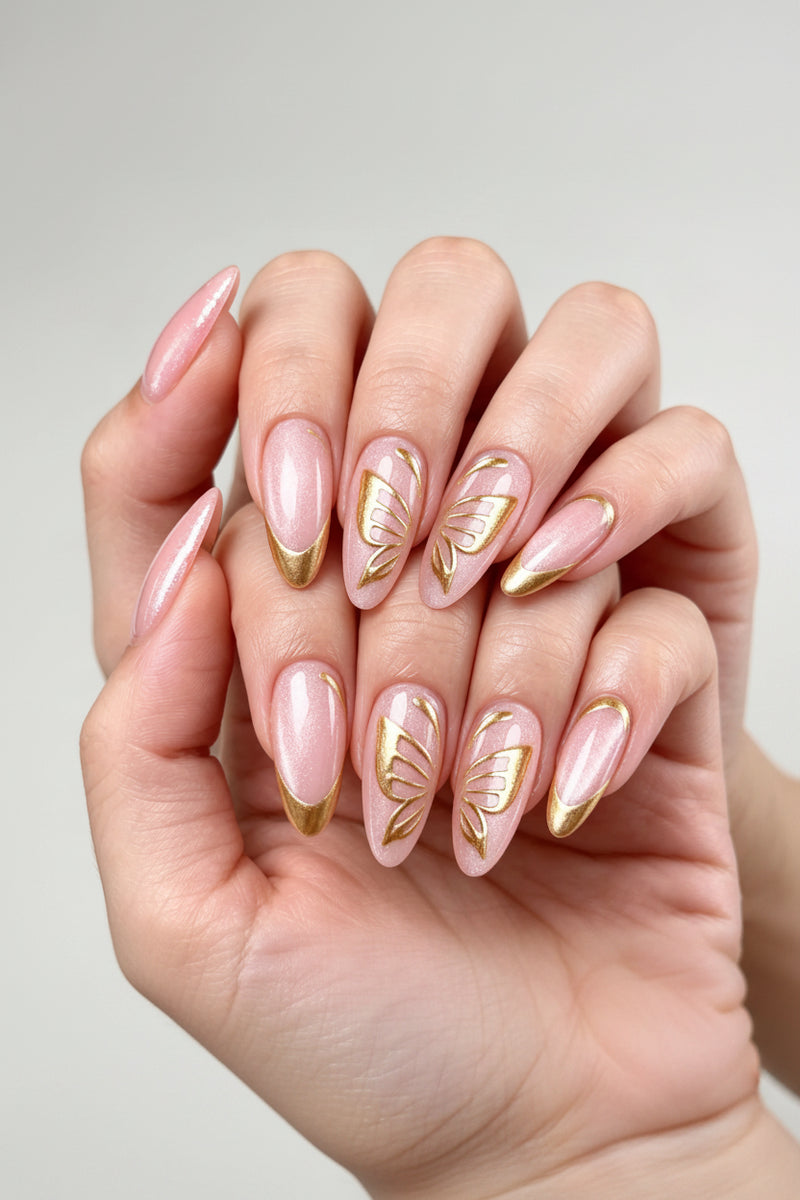 Glossy With Subtle Shimmer Sheer Pink Gold Butterfly French Almonds — Short Butterfly Almond Nails 2027