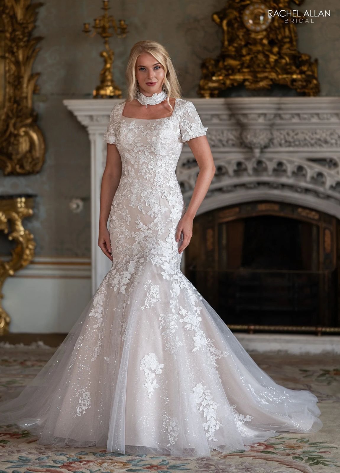None Visible White Glitter Tulle Mermaid Wedding Dress with Square Neckline and Choker None Visible White Glitter Tulle Mermaid Wedding Dress with Square Neckline and Choker — Square Neck Wedding Dresses 2027