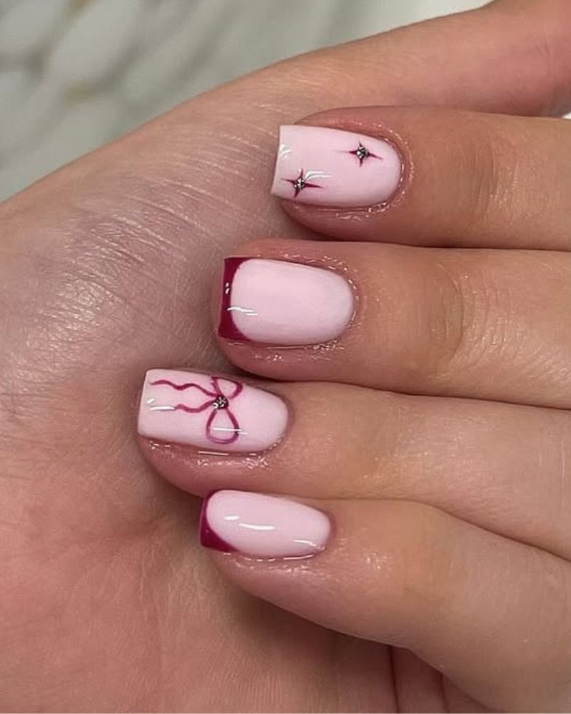 Dark Red Bow French Tip Squares Dark Red Bow French Tip Squares — Small Bow Nails 2027