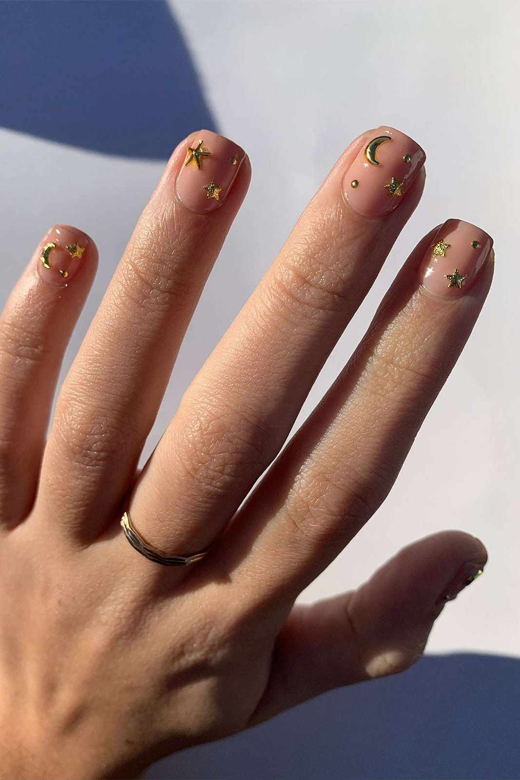 Short Nude with Delicate Gold Celestial — Moon and Stars Nails 2027