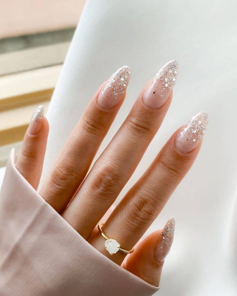 Long Almond Nude With Silver Glitter Ombre Long Almond Nude With Silver Glitter Ombre — Simple Graduation Nails 2027