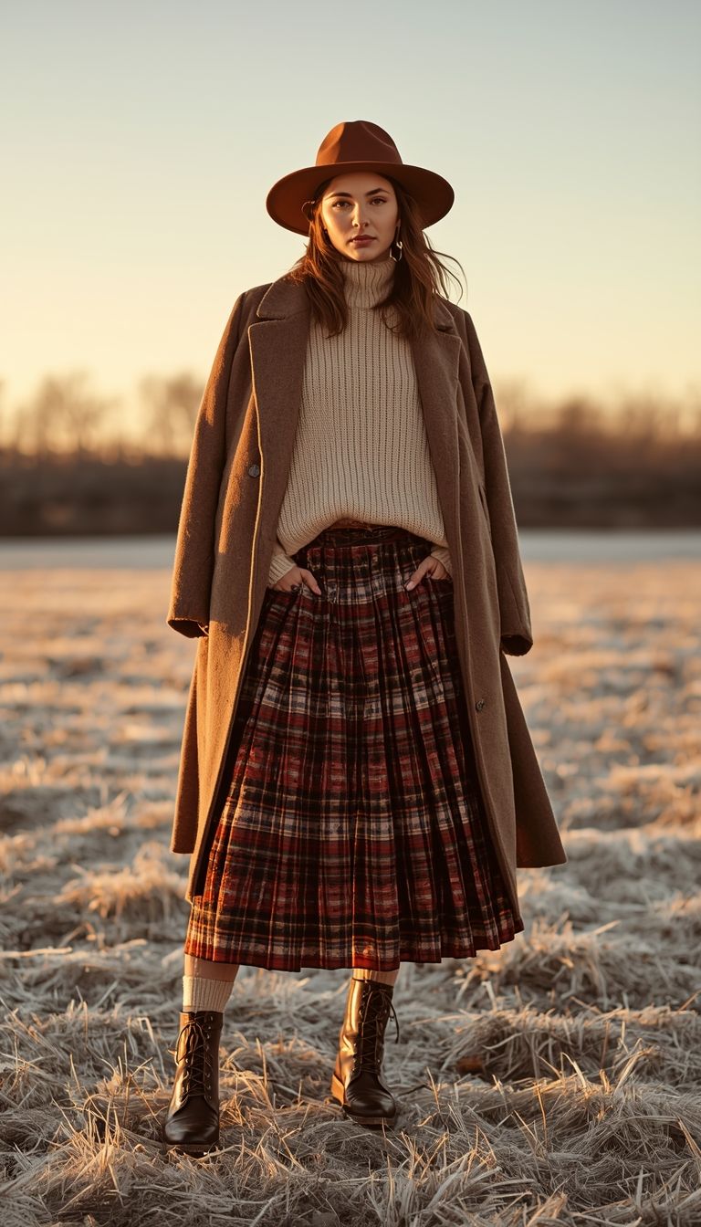 Winter Style with a Plaid Pleated Skirt and Draped Coat Winter Style with a Plaid Pleated Skirt and Draped Coat — Winter Accessories Outfits 2027