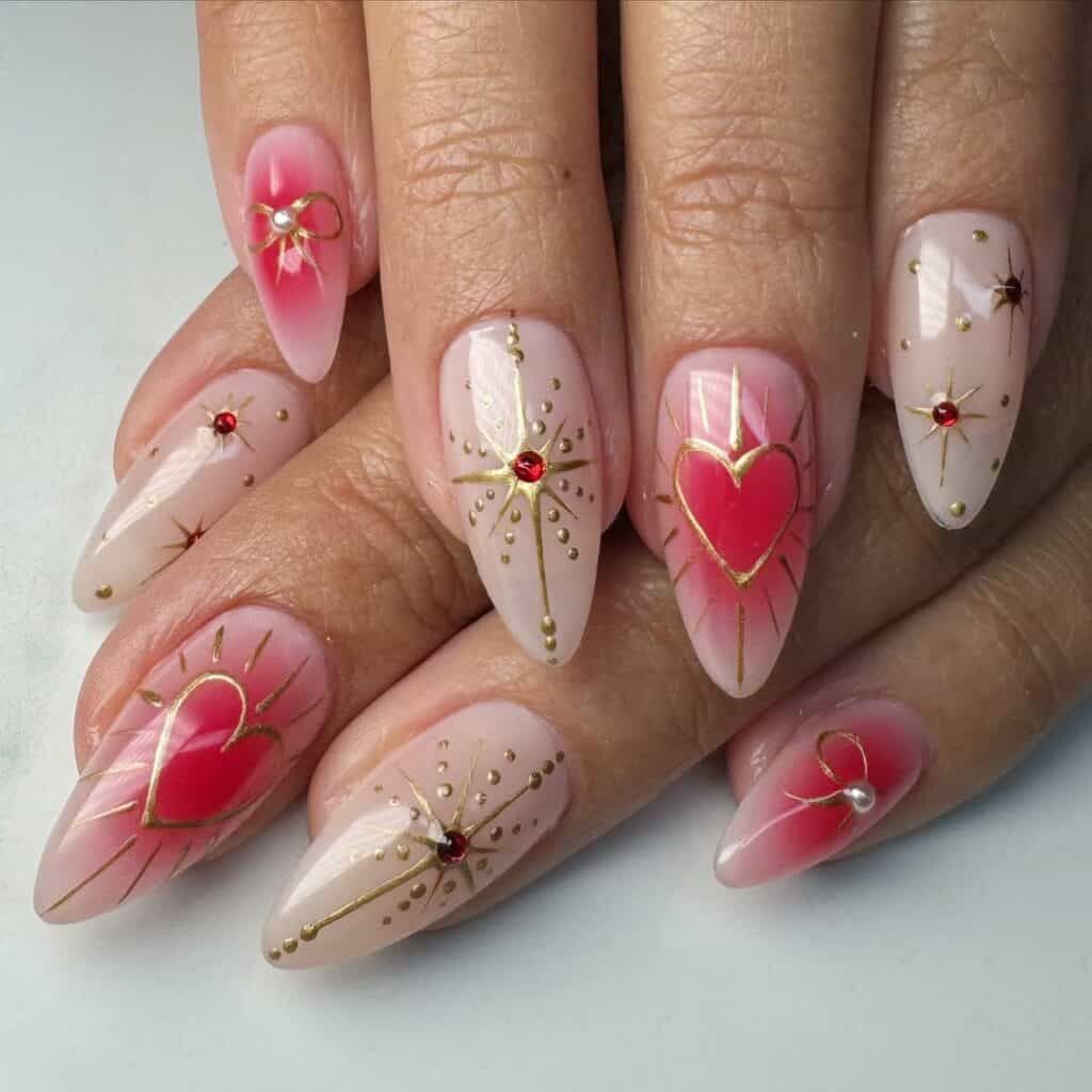 Sheer Pink Gradient Red Heart Gold Sunbursts Sheer Pink Gradient Red Heart Gold Sunbursts — Love Nails 2027
