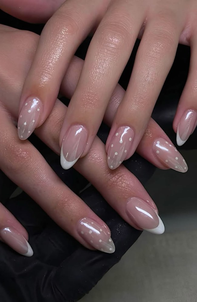 Medium Almond Polka Dot French Medium Almond Polka Dot French — White French Tip Nails 2027