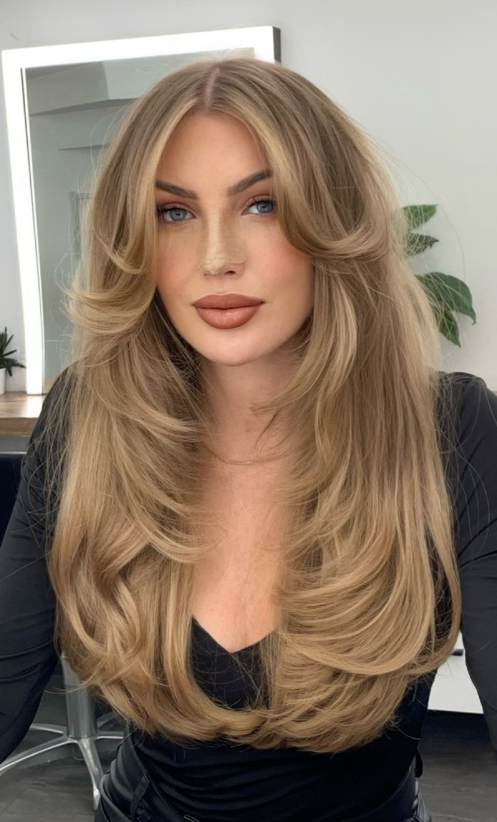 Mid-Back Honey Beige Blonde Blowout Mid-Back Honey Beige Blonde Blowout — Soft Bangs 2027